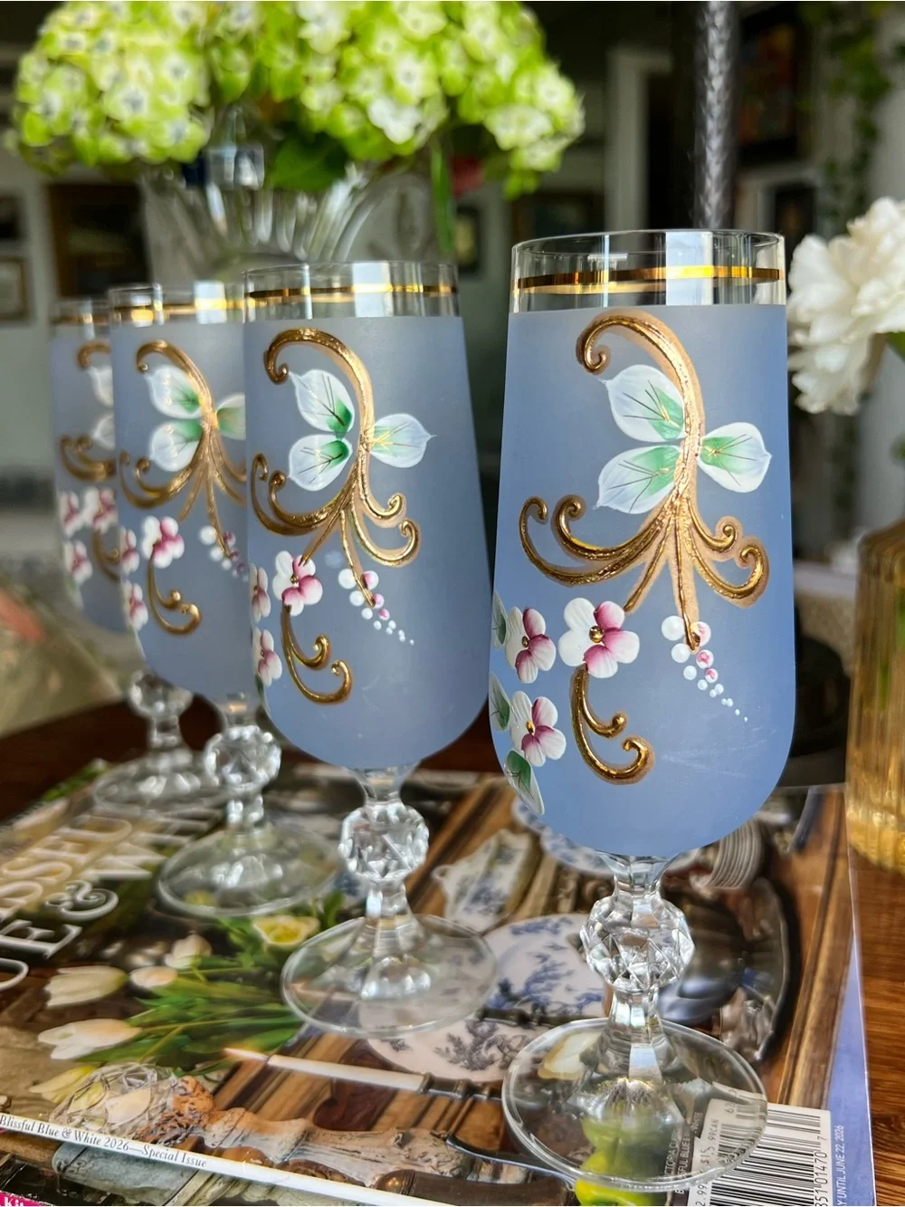 Vtg Czech Crystal Blue Frosted Floral Champagne Glasses - Set of 4